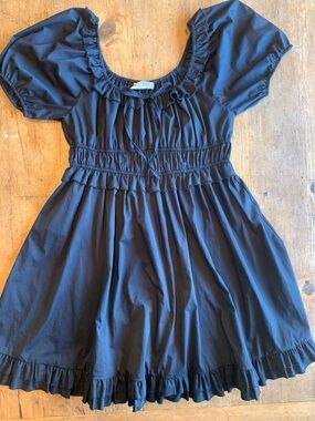 Smocked Waist Black Midi Dress with Puff Sleeves